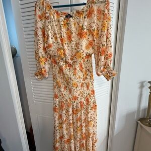 VICI floral print smocked maxi dress in orange and yellow